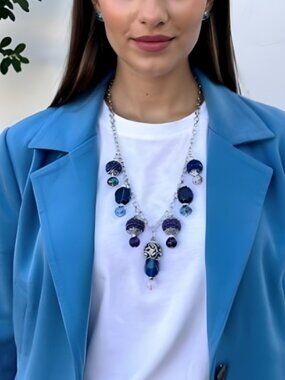 Handcrafted Double-Link Silver/Navy Bead Necklace Three-Time PoshParty Host Pick